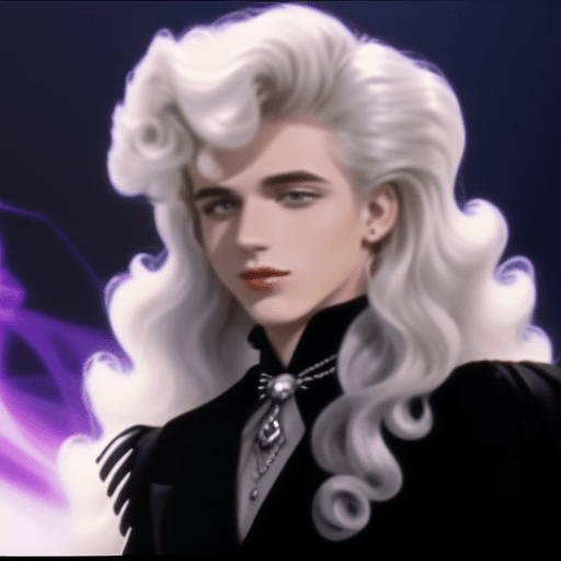 AI generated: VHS screengrab of the old VGRAF TV show, a model young man with white curly hair wearing a gothic go...