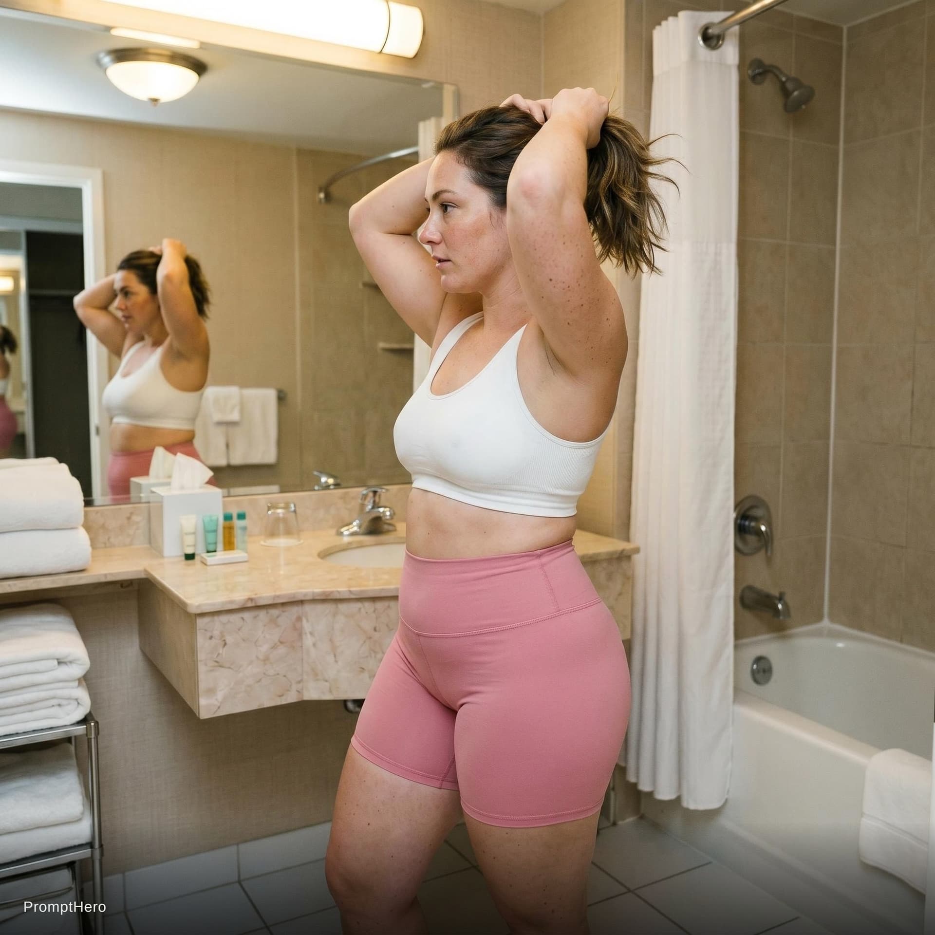 AI generated: Exact same, same outfit. Putting her hair in a ponytail. Turned to her left.