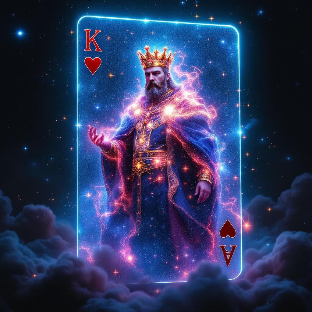 AI generated: The King of Hearts card transforms into a 3D hologram that appears to be made of cosmic energy. As t...