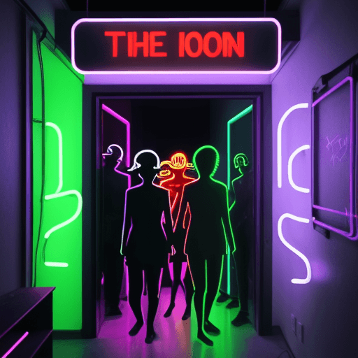AI generated: Depict a bunch of people of both genders coming out of a dingy room that has a neon signboard with l...
