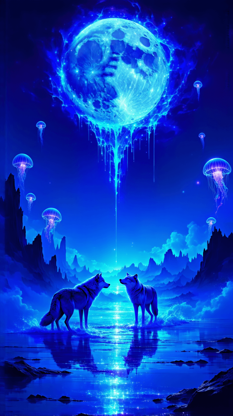 AI generated: Two fluid, ethereal wolves howl at a colossal, melting moon, its silver light dripping into the vast...
