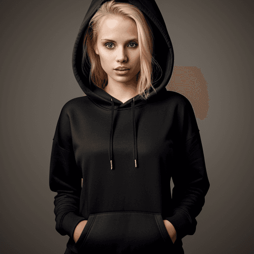 AI generated: The image features sexiest 25 year old blond woman, wearing a black hoodie. 