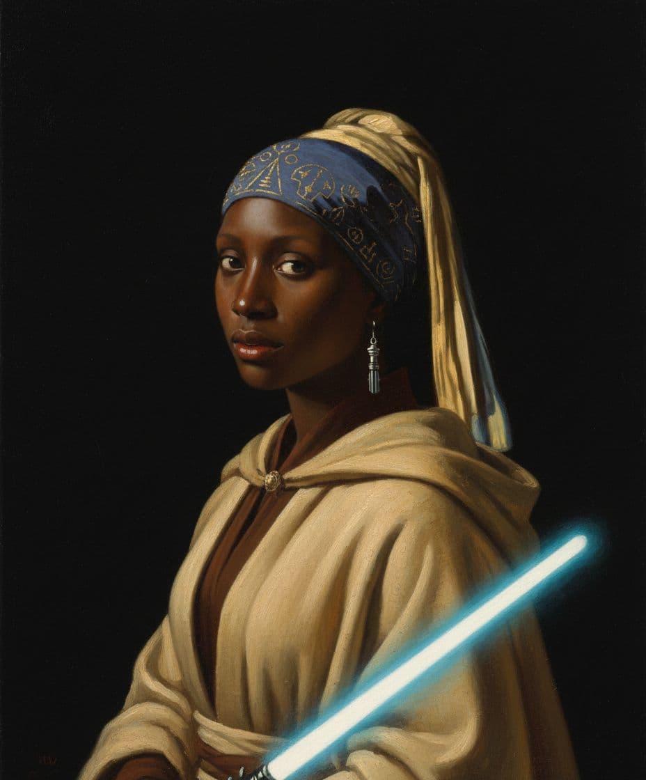 AI generated: un femme noire maître jedi avec un sabre laser, style "la jeune fille à la perle"