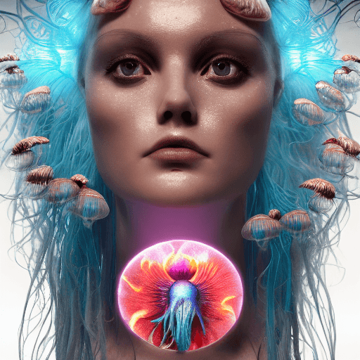 AI generated: Goddess close-up portrait ribcagel. jellyfish phoenix head, nautilus, orchid, skull, betta fish, bio...