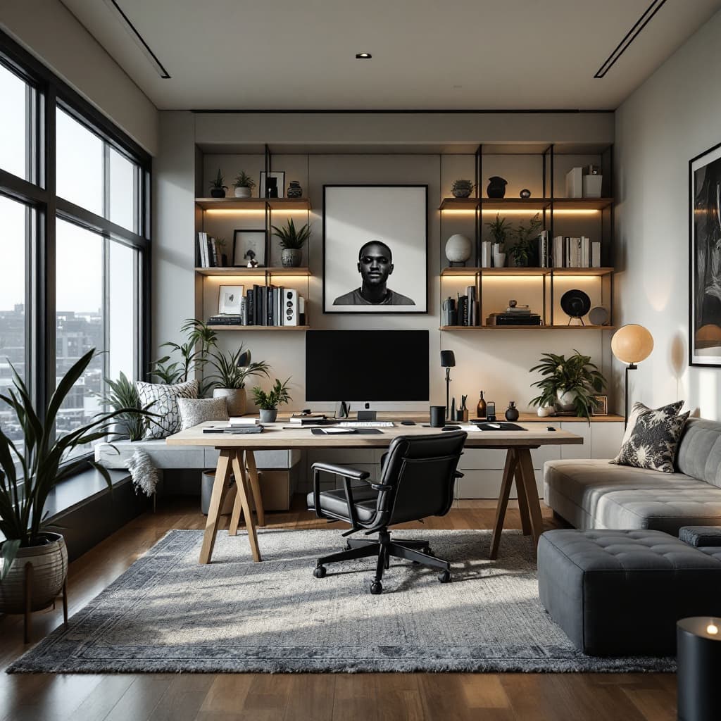 AI generated: youtuber talking ot the camara in his luxarious office - clutter free, ultra high end house - minima...