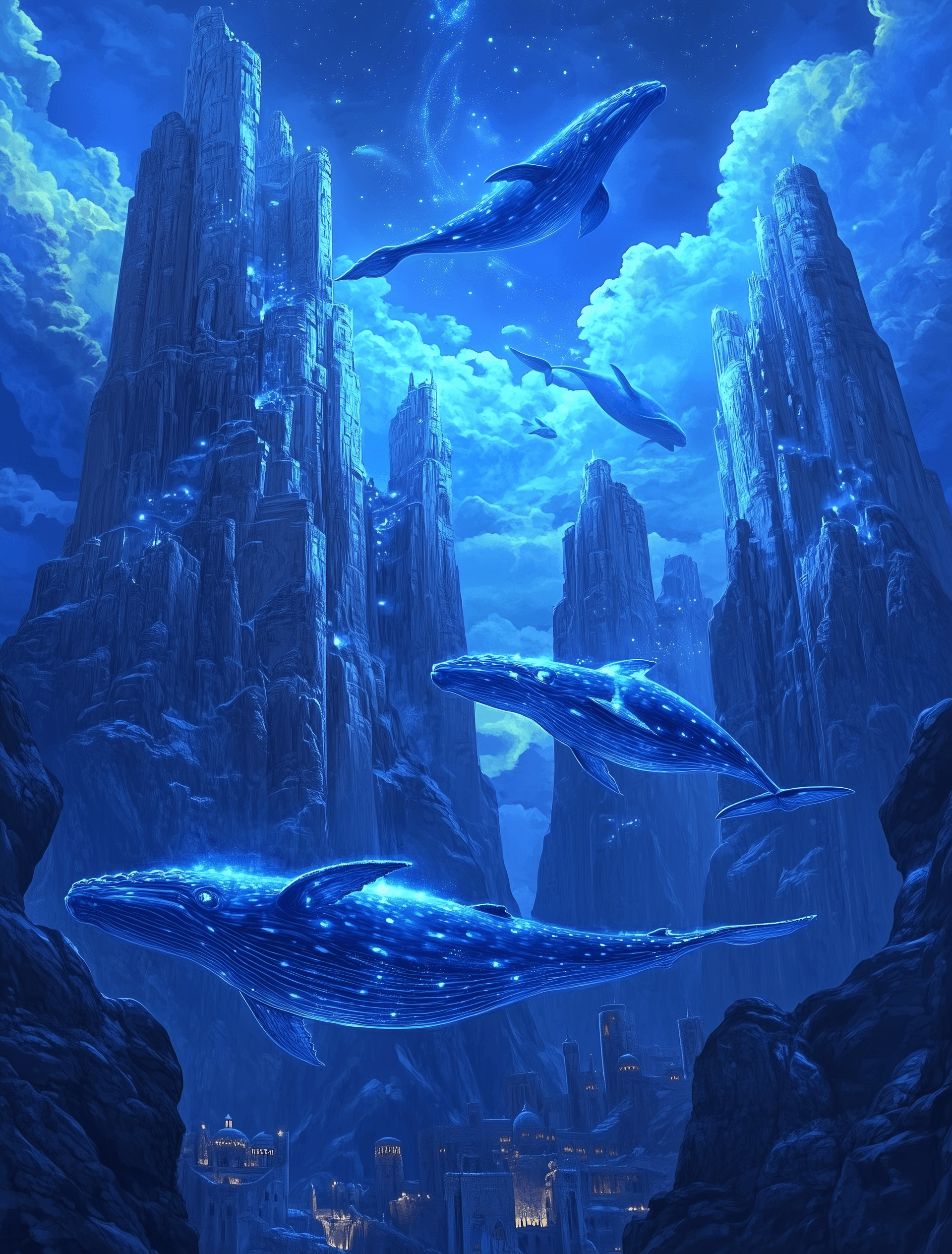 AI generated: A serene scene of blue, glowing whales in the sky above an ancient Arabian city atop tall, rocky mou...