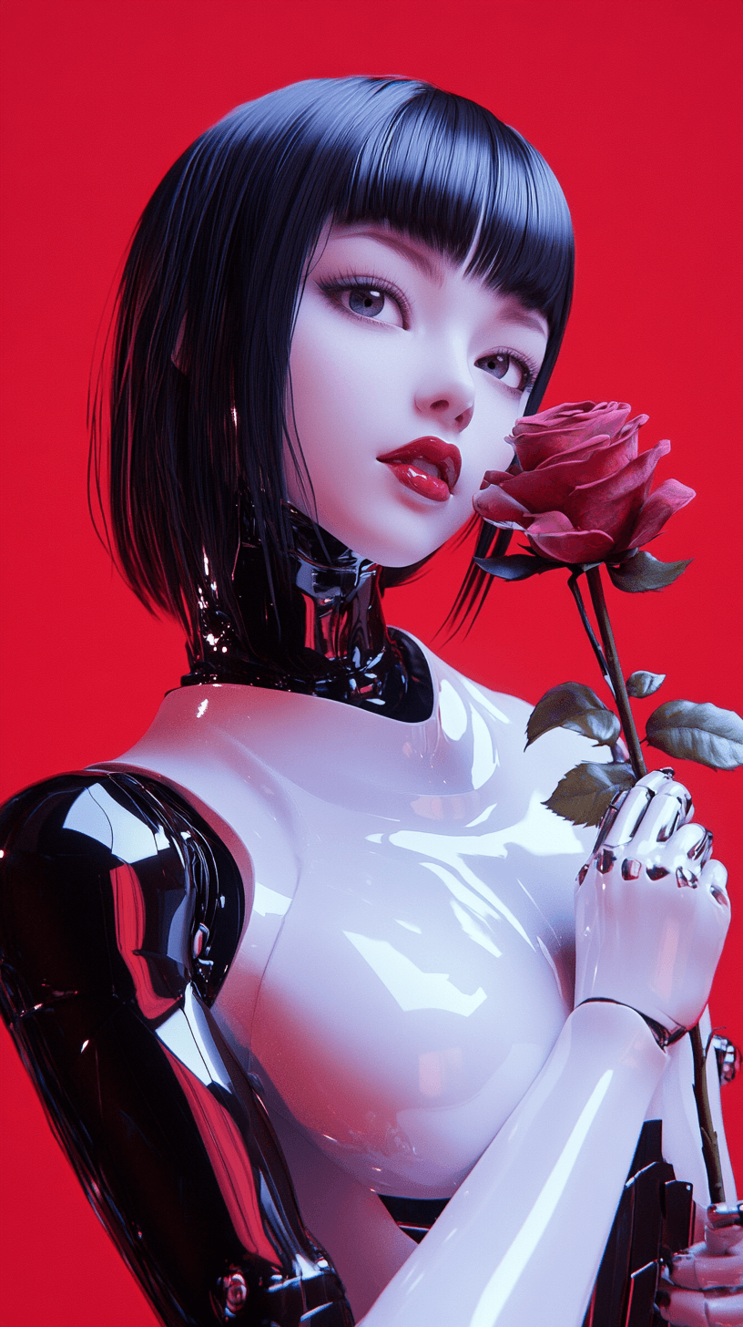 AI generated: Hyper realistic 3D [female] anime [gothic] super model android robot [holding a rose] with glossy wh...