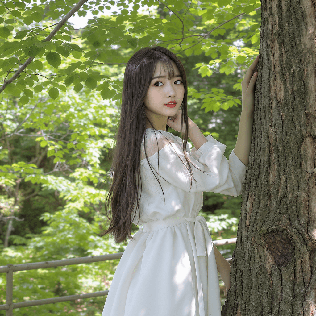 AI generated: Photo of a ultra realistic japan girl, young, long hair, very pretty, nude, stand on the tree