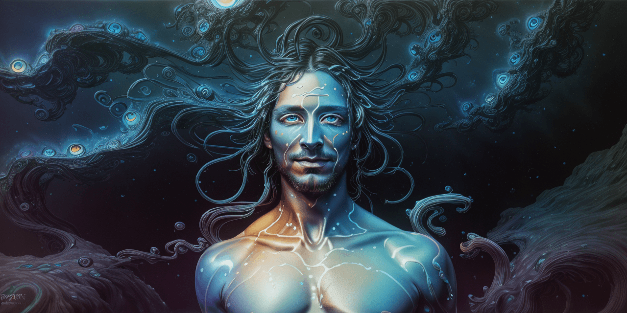 AI generated: 1man, a psychedelic bioluminescent, vibrant color palette dominated by orange, pink, green and blue ...