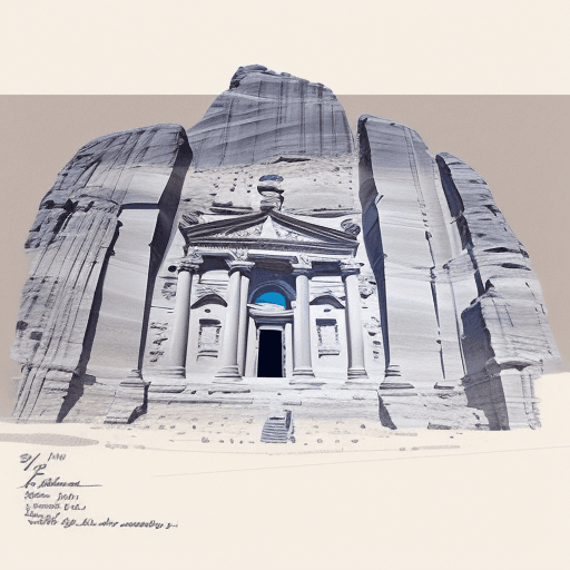 AI generated: detailed with notes, ink sketch Prehistoric, of petra on jordan, slick design clean lines blueprint ...