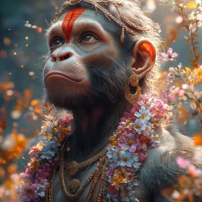 AI generated video: "Create a serene animated scene based on the image. Flowers around Lord Hanuman ,should sway gently ...