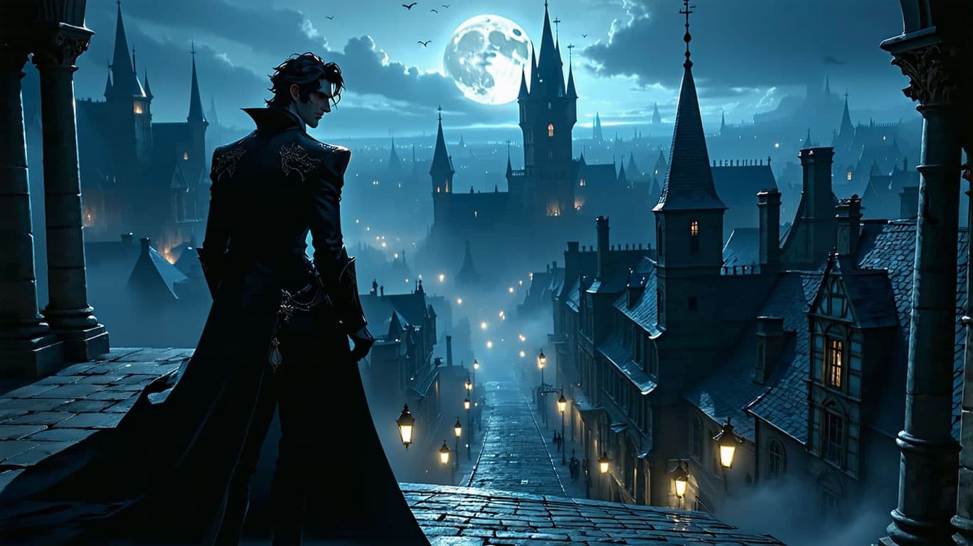 AI generated: A misty moonlit night in a gothic cityscape. Shadows dance on cobblestone streets. Elion, an elegant...