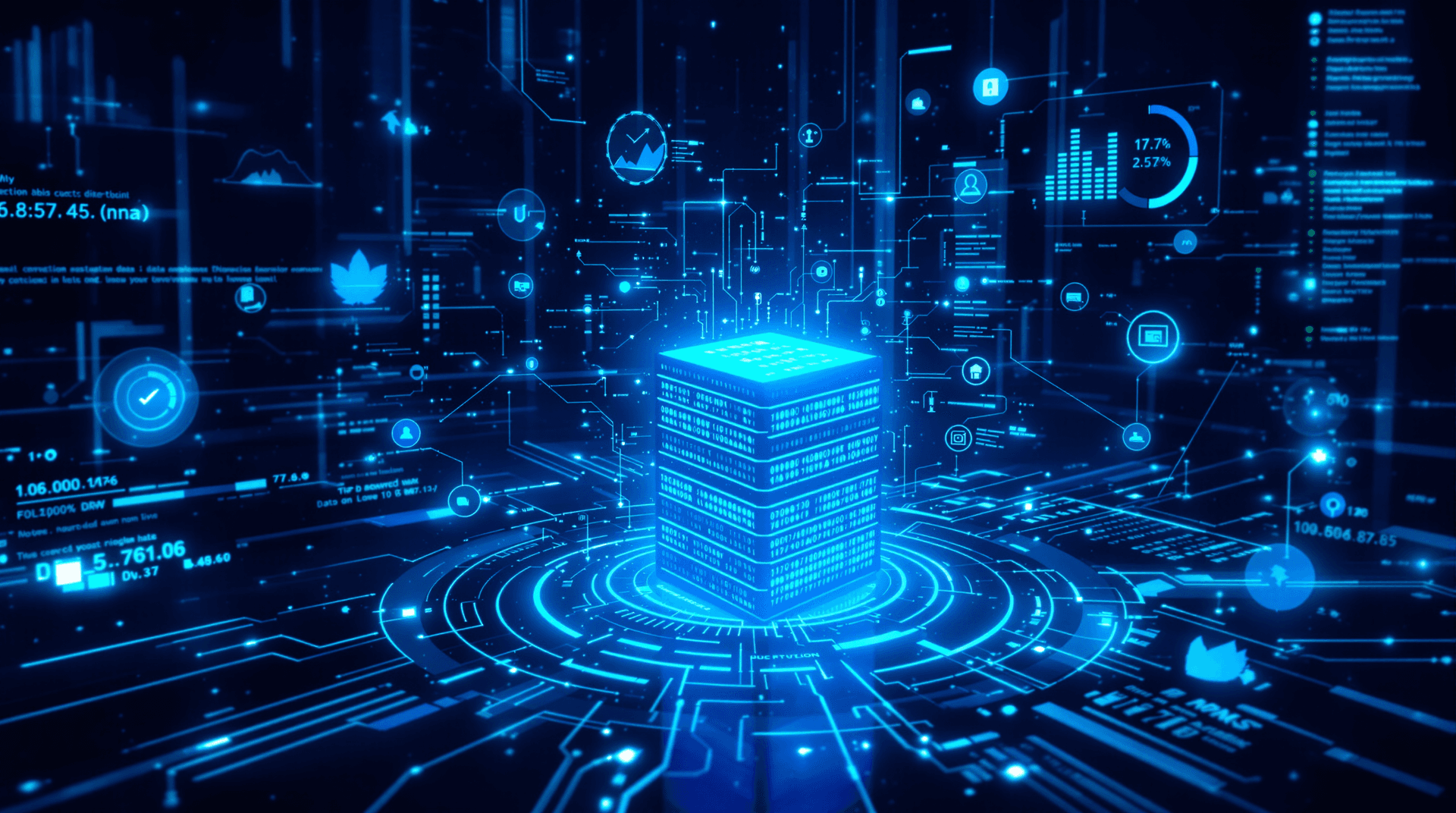 AI generated: A futuristic digital illustration of data streams, featuring a large, glowing blue data storage at t...