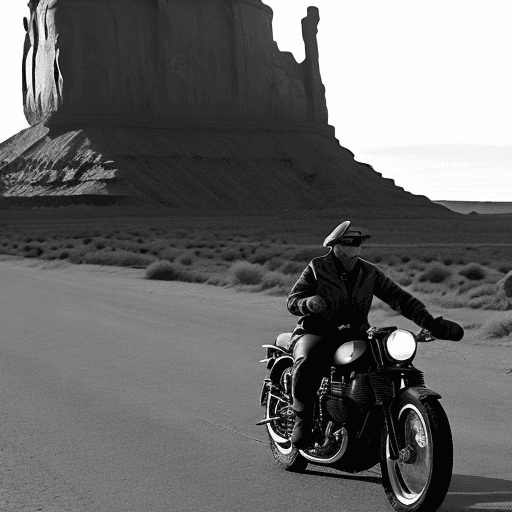 AI generated: a rider in a bobber style motorcyle with a mexican hat riding in monument valley in black and white