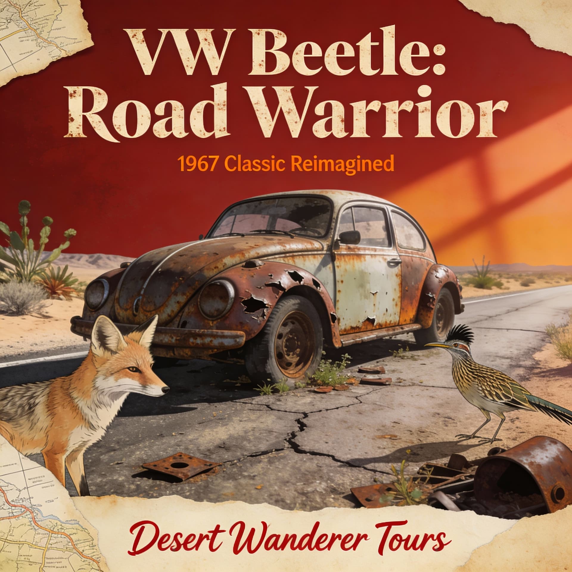 AI generated: vw beetle vintage poster, in the style of rustic simplicity, gritty reportage, kombuchapunk, rusty d...