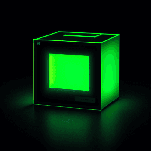 AI generated: green light box with none written on it, in an empty dark room, in the style of john pawson --ar 9:1...