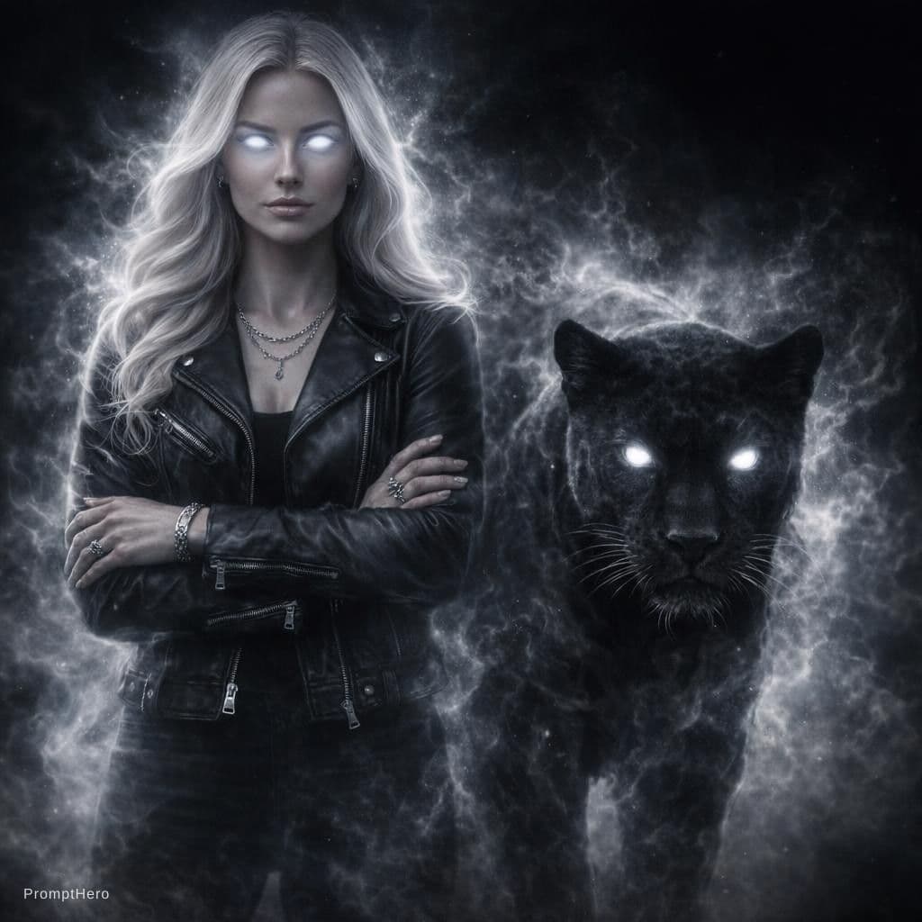 AI generated: a striking portrait of this girl with glowing eyes posing next to a hyper realistic black jaguar. it...