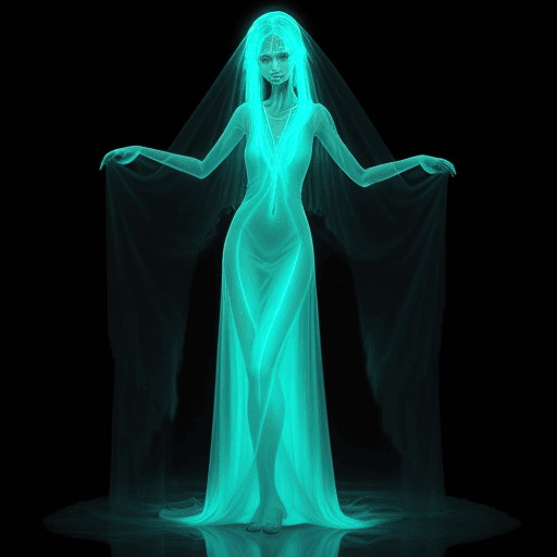 AI generated: full body, portrait, thin long bioluminescent gown