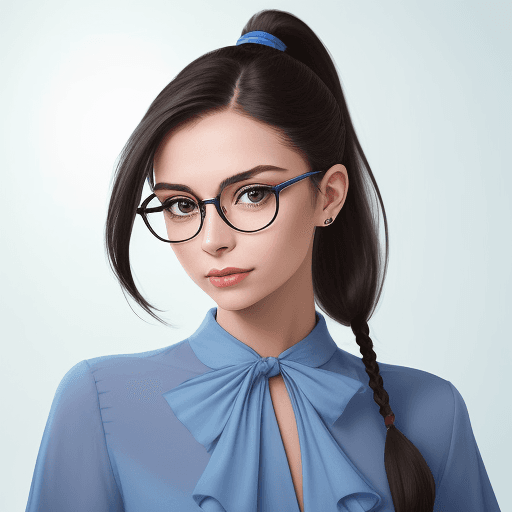 AI generated: Photograph fashion shoot of a young woman with her hair in a ponytail and eyeglasses. She should be ...