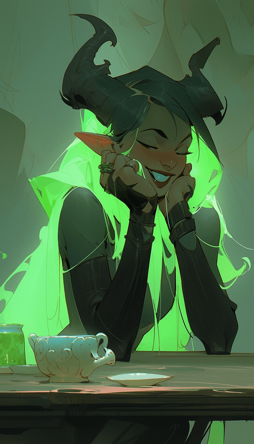 AI generated: a woman sitting at a table with a cup of tea, by Ross Tran, fantasy art, green neon, with horns, art...