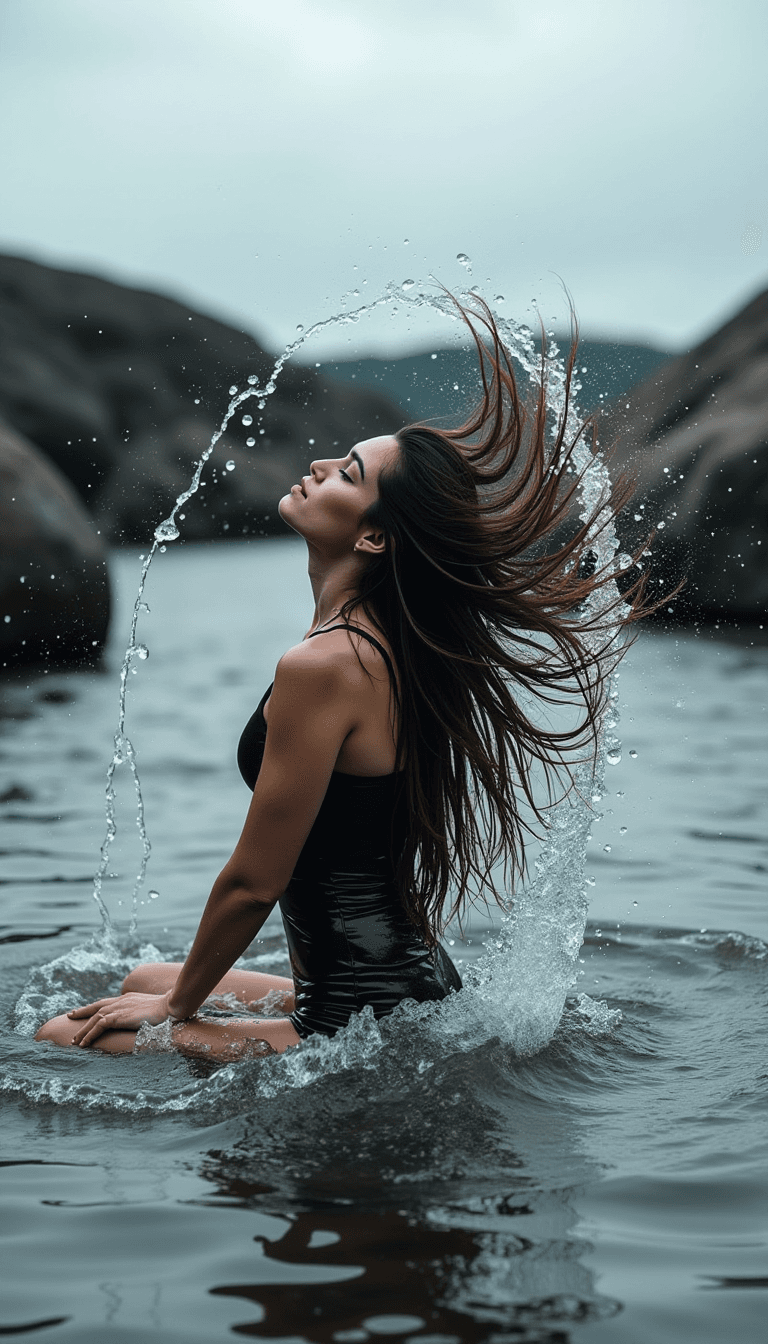AI generated: This picture is a picture of a woman who is sitting in the water and can be seen on her right side. ...