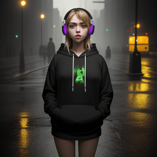 AI generated: masterpiece, girl alone, solo, incredibly absurd, hoodie, headphones, street, outdoor, rain, neon,
