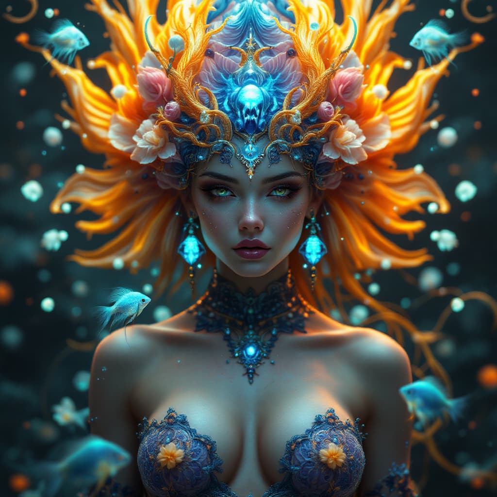 AI generated: Goddess portrait, jellyfish phoenix head, nautilus, orchid, skull, betta fish, bioluminiscent creatu...