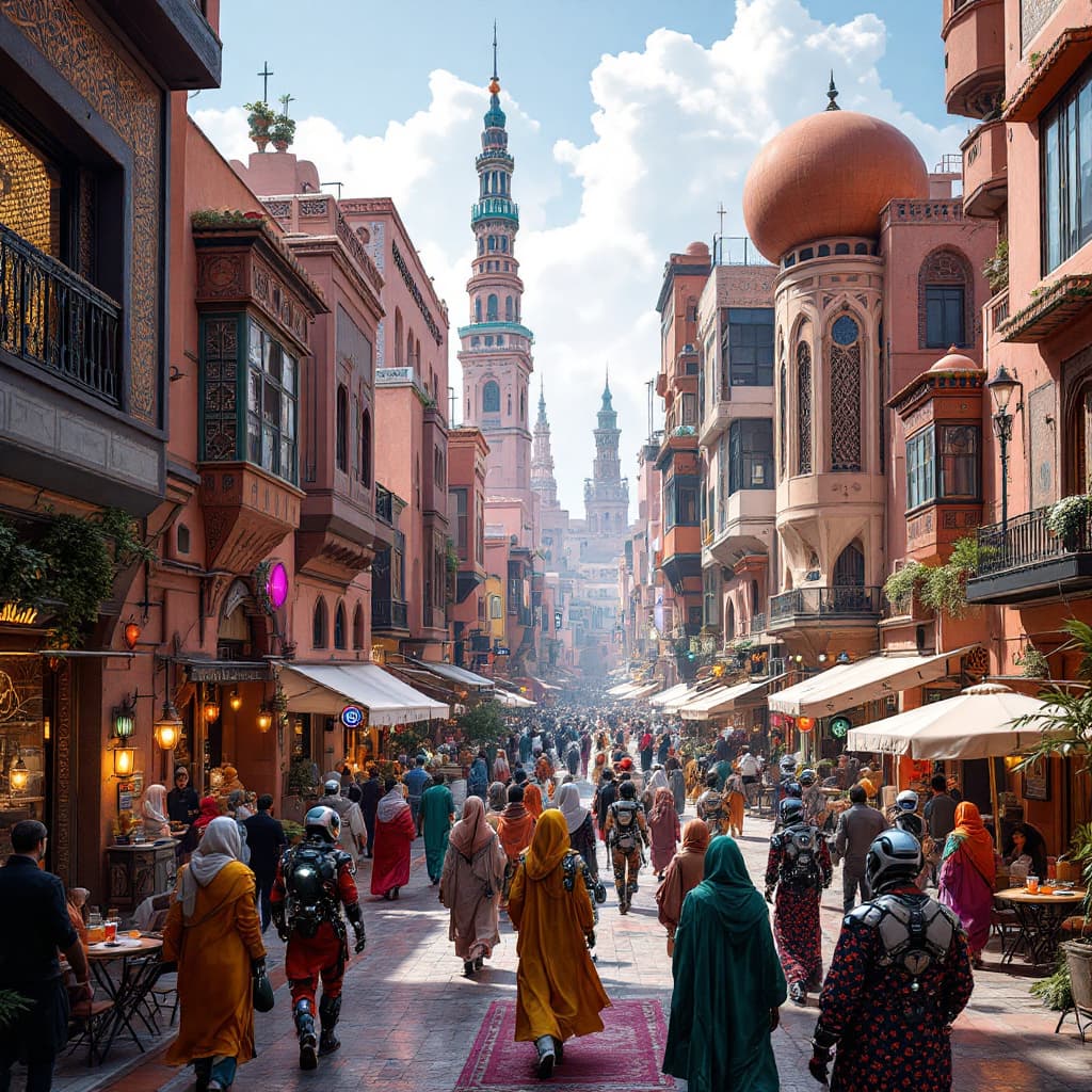 AI generated: High tech futuristic Street of the medina in marrakech with cultural fusion, high tech buildings wit...