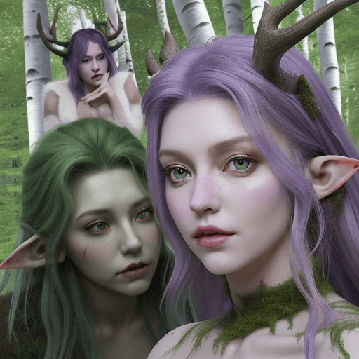 AI generated: fantasy, deep woods, mossy, atmospheric, tall lithe elf woman with purple hair and green eyes, fey r...