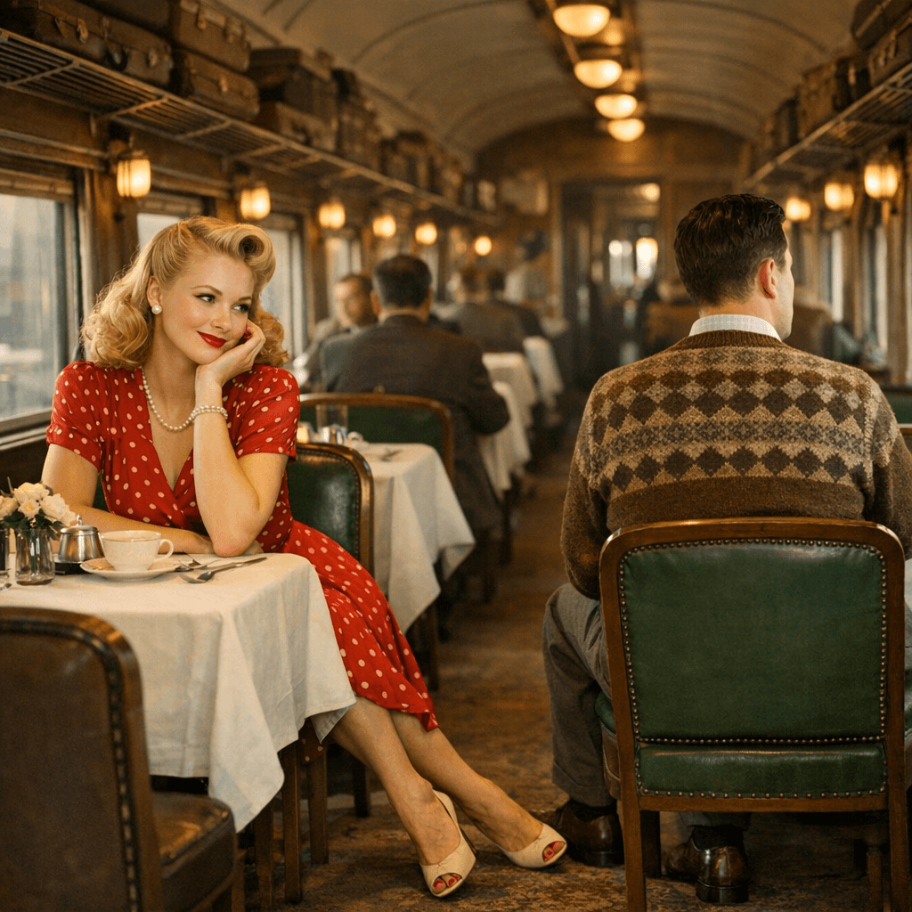 AI generated: A beautiful blonde Russian woman is seated on one side of the aisle of a 1945 passenger train dining...
