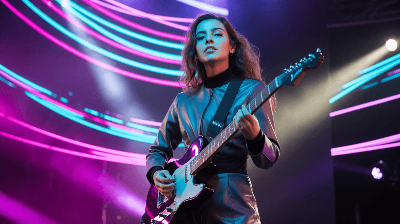 AI generated: a young Anatolian modern roc female singer with the electronic guitar, lever outfit playing guitar, ...