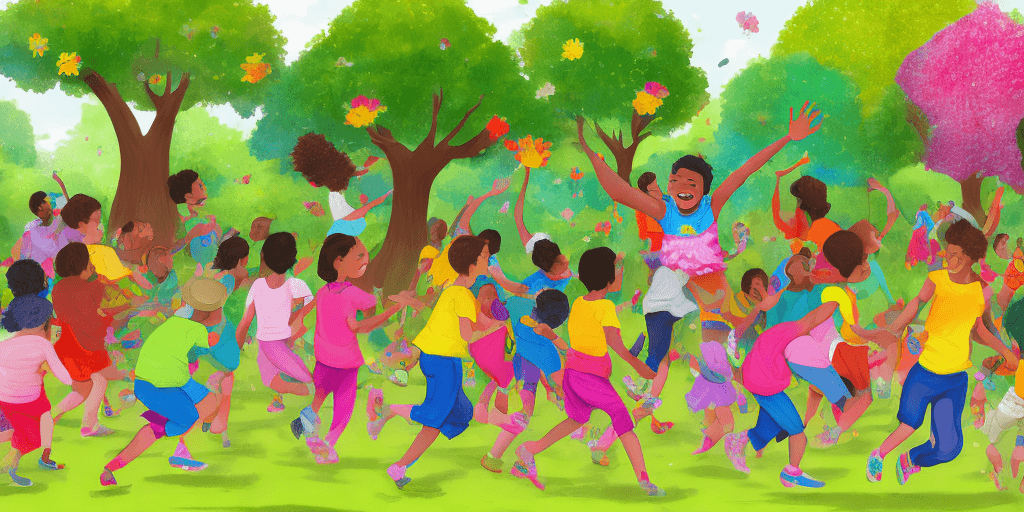 AI generated: A hundred children are joyfully circling around man in a vibrant, lively scene. The background is a ...