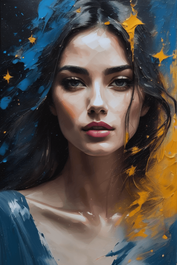 AI generated: A beautiful woman created from random paint blotches and brush strokes, eyes open, oil painting, slo...