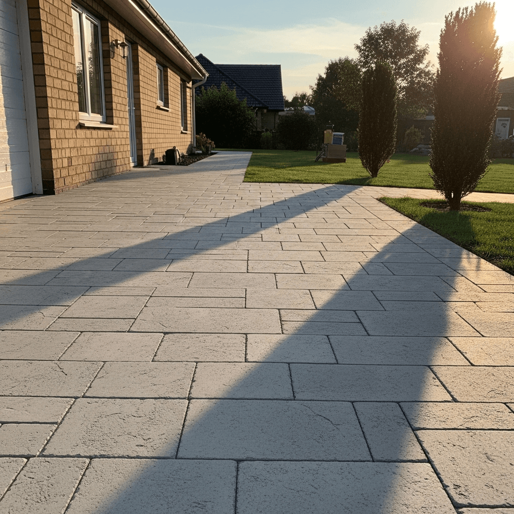 AI generated: fill with matching pavement, continue natural shadow and concrete texture, preserve warm afternoon l...