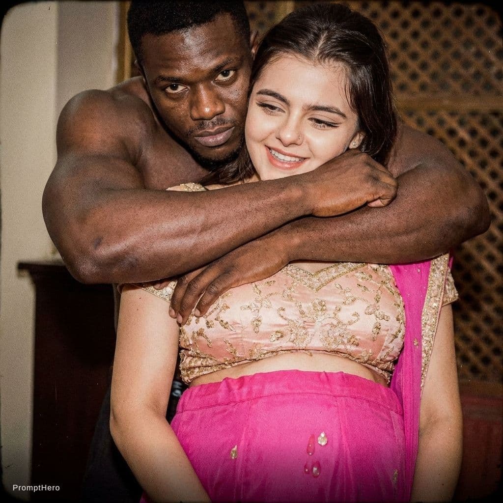 AI generated: A strong muscled Black man with serious facial expressions hugging her from behind, his arms are aro...