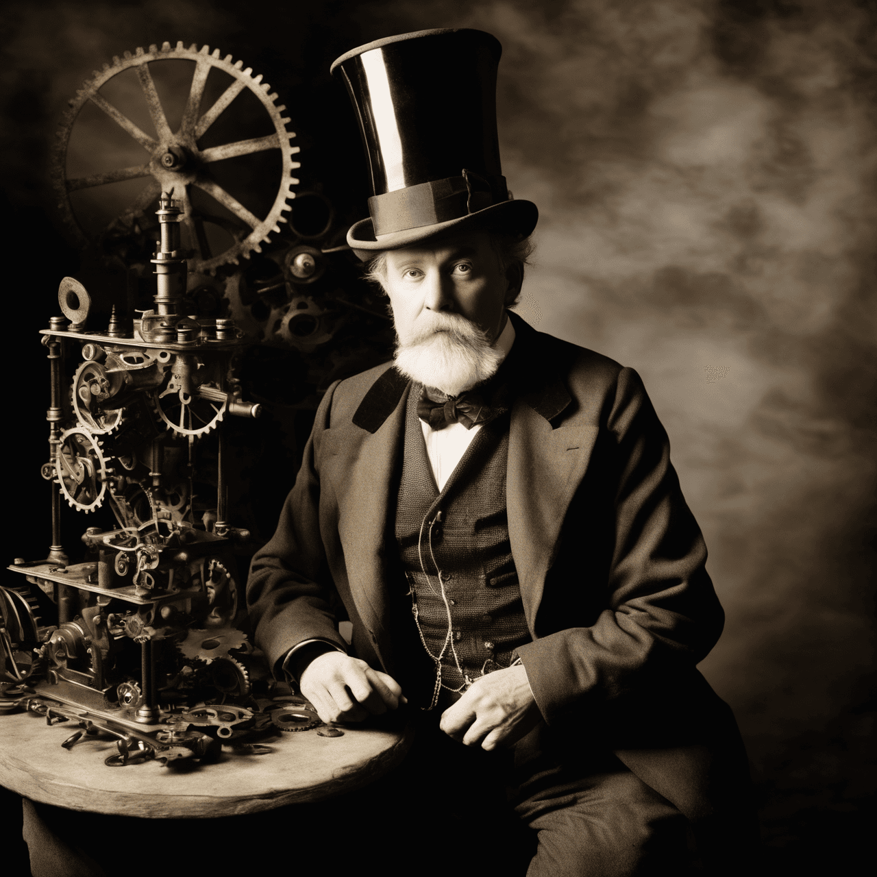 AI generated: A time-traveling Victorian inventor, aged 55, wearing a top hat and cravat, stands next to a whimsic...