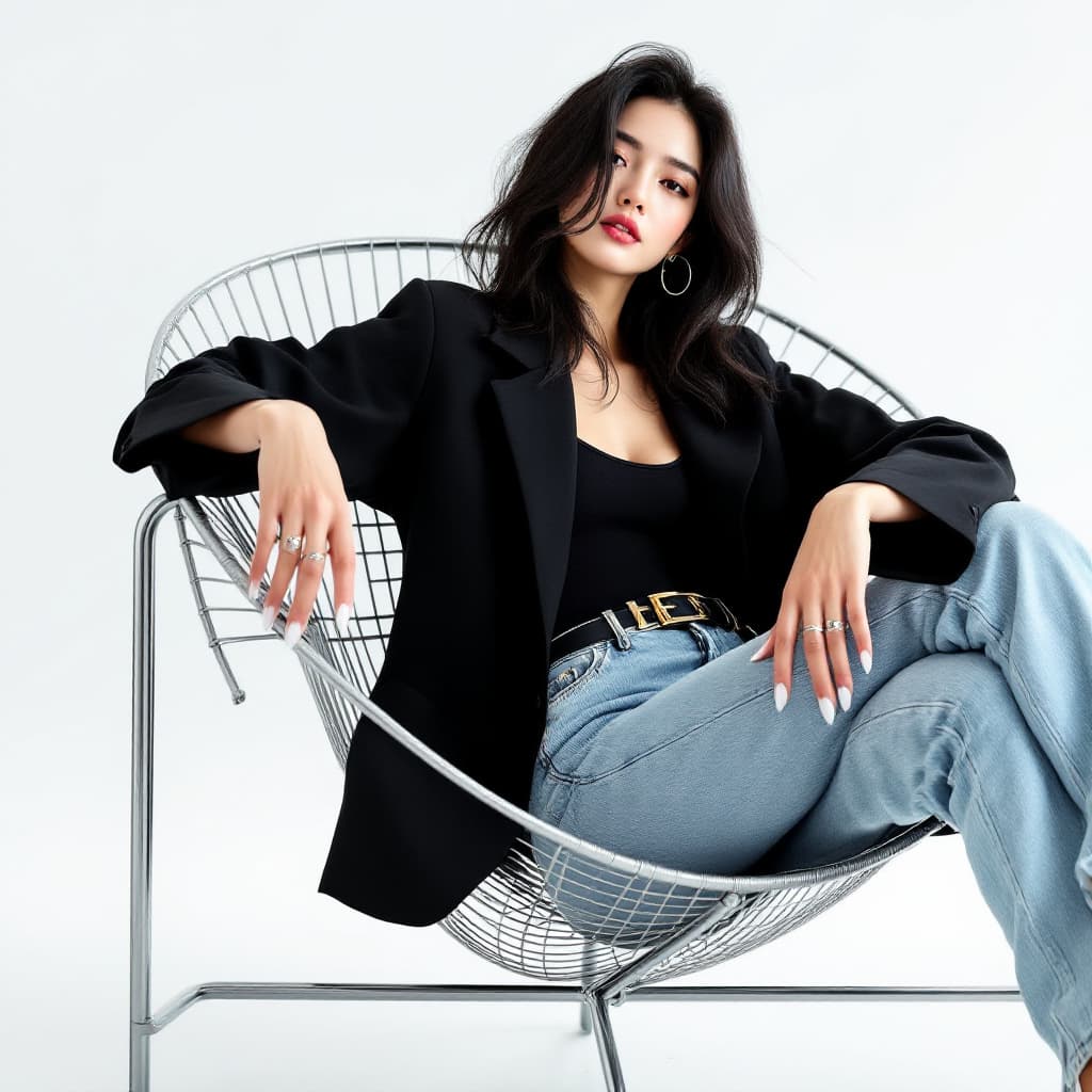 AI generated: create an image of a young korean woman model with long layered black hair and beach waves hairstyle...