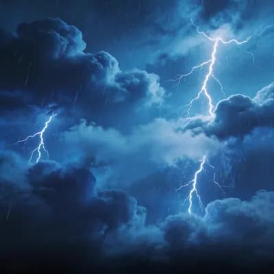 AI generated video: A vast storm-filled sky at night with heavy rain falling through thick dark clouds. Multiple lightni...