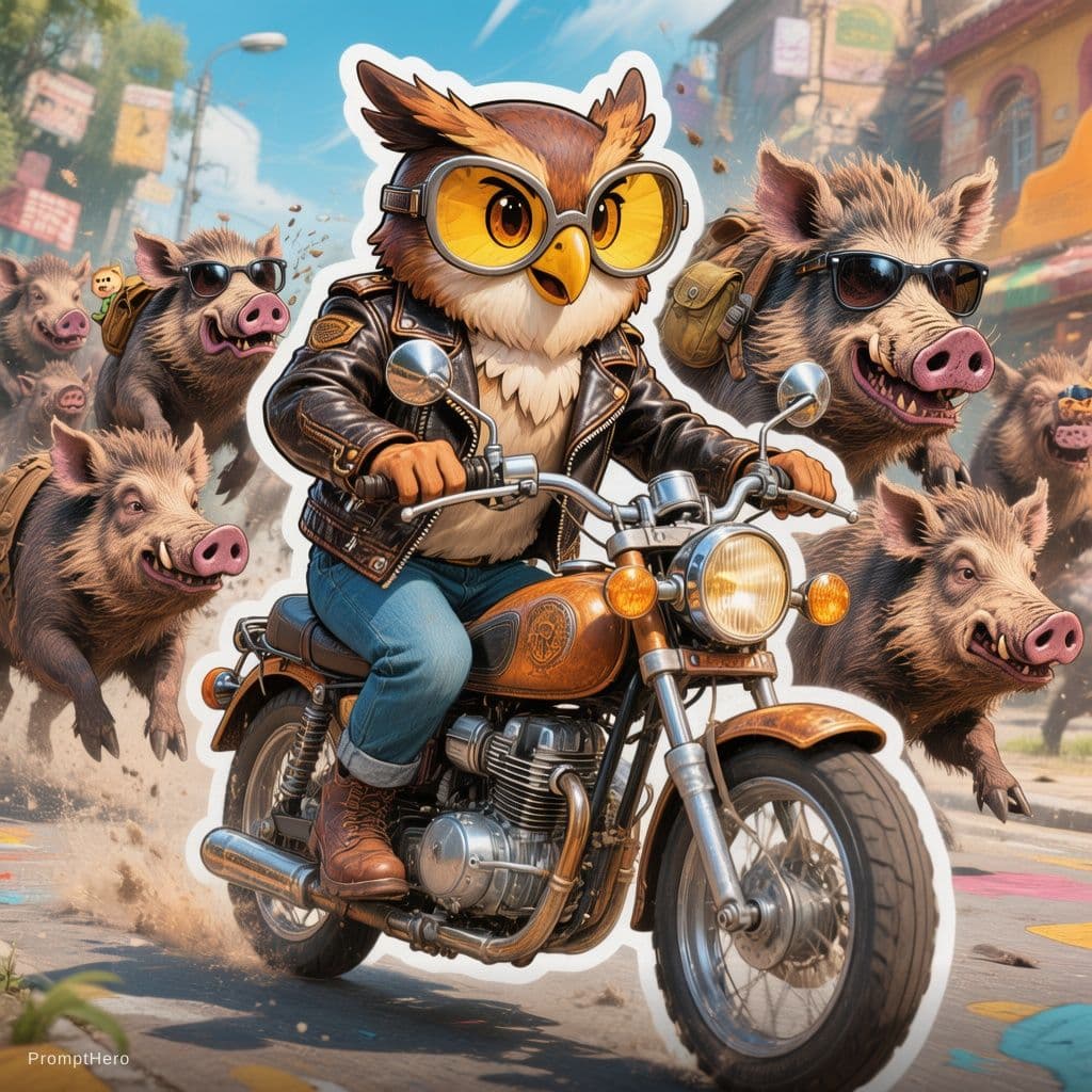 AI generated: The duolingo owl wearing a tiny leather jacket, riding a vintage motorcycle.  Behind the motorcycle,...
