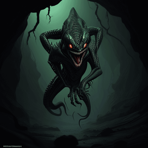 AI generated: Full body photo of a scary alien creature that looks like a reptile with venom coming out from its m...
