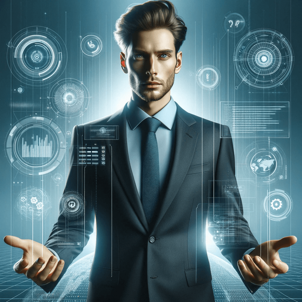 AI generated: Create a gaming image of a professional and modern IT environment with a man resembling an AI-genera...