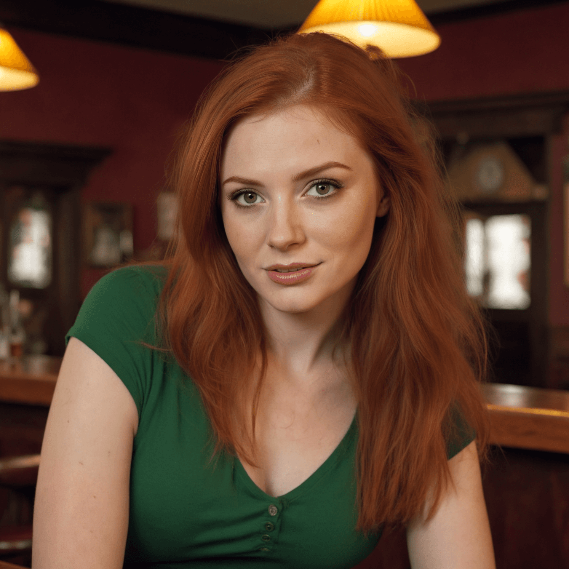 AI generated: beautiful redhead irish woman in a pub, velvia, shot on 65mm, 16 megapixels, 8k, photorealistic, --q...