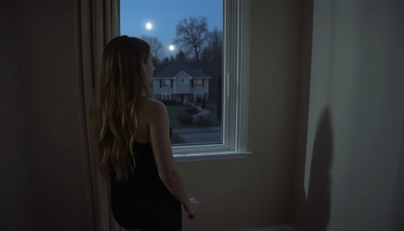 AI generated: In a quiet suburban neighborhood, a young woman stands at the window of her upstairs bedroom, gazing...