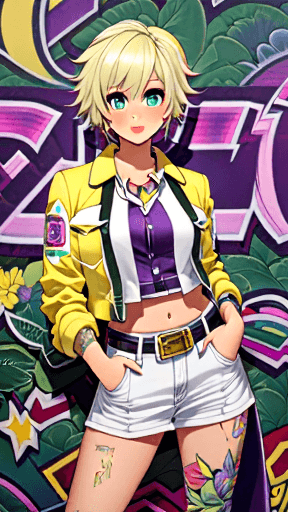 AI generated: JoJo, purple graffiti background, short yellow hair, tomboy, green eyes, white low-cut outfit, full ...