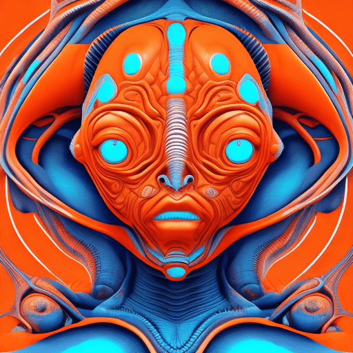 AI generated: alien art and illustration, in the style of balanced symmetry, light orange and cyan, detailed facia...