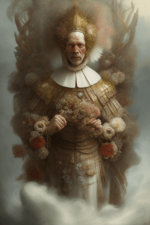 AI generated: digital oil painting of bleeding meat veil on the silk of seas and arctic flowers, rembrandt style, ...