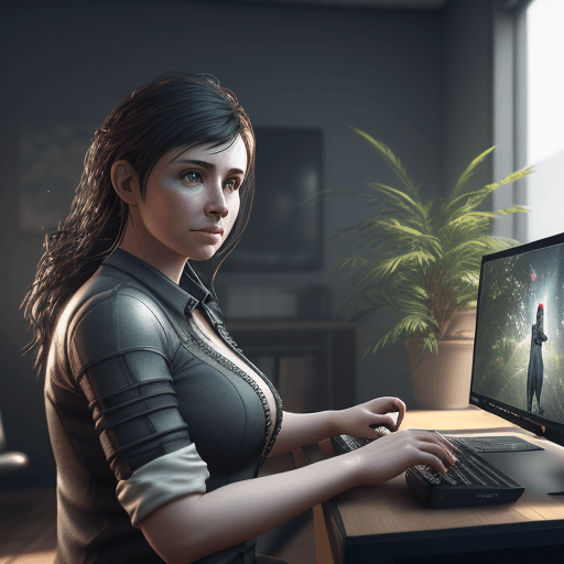 AI generated: photography of women ,computer on background ,realistic, unreal engine, octane render, bokeh, vray, ...
