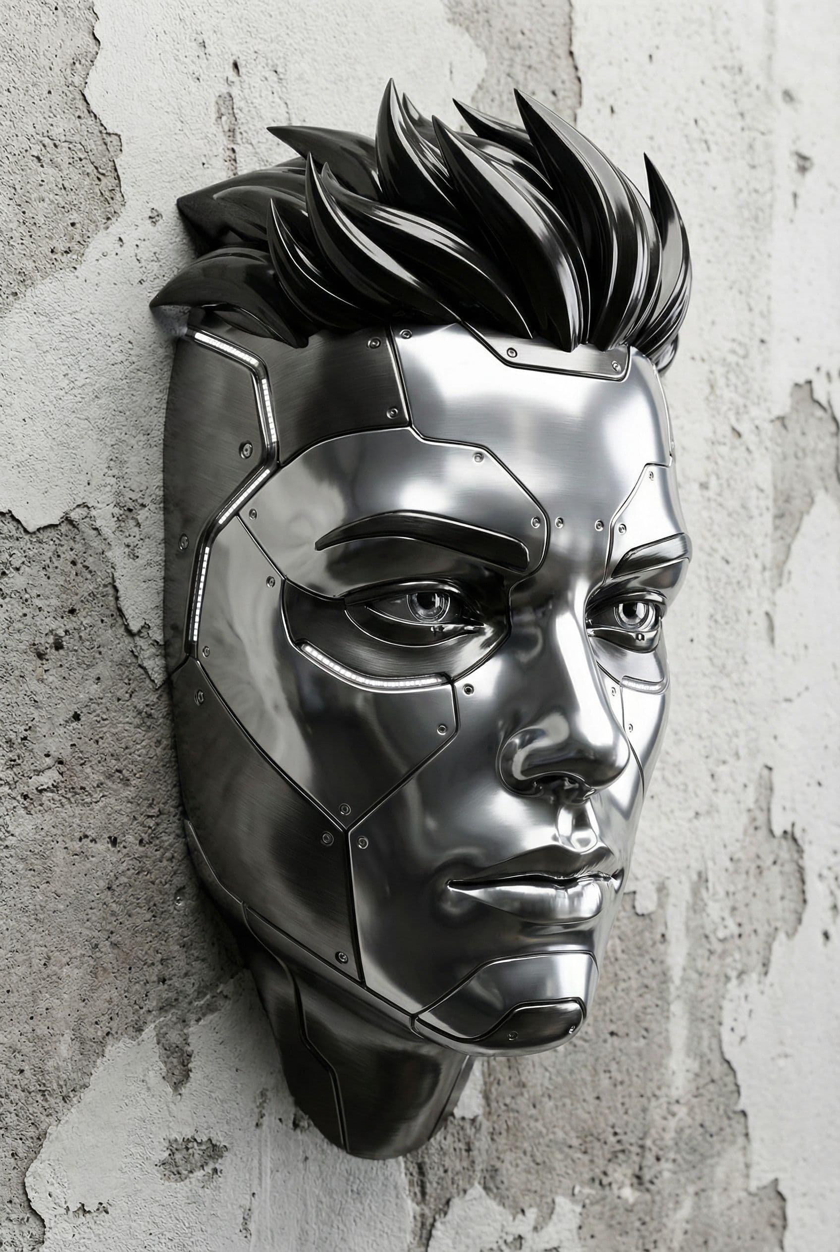 AI generated: male bionic glossy face sculpture, pushed out of the background, front view, brightly lit, ultra rea...