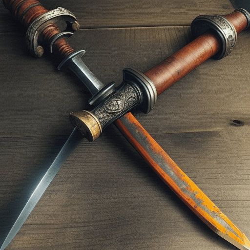 AI generated: he rusty broadsword features a hilt that is a combination of materials, including weathered wood and...