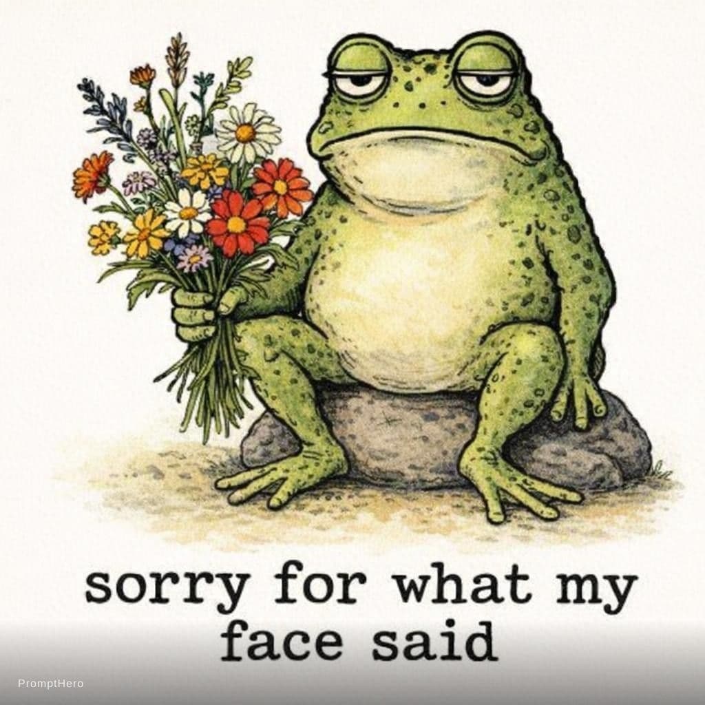 AI generated: sarcastic cartoon frog sitting on a small rock with legs spread slightly, half-lidded tired eyes and...